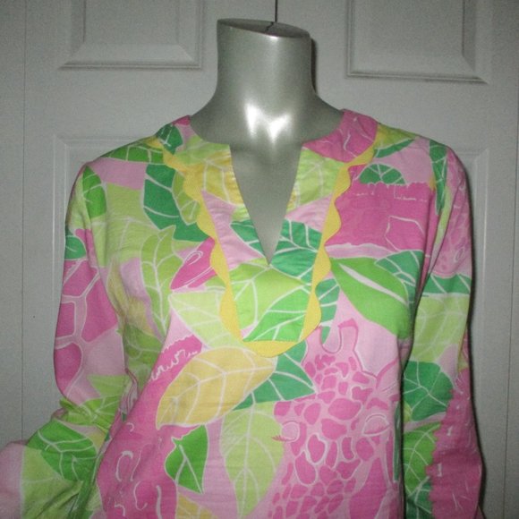 LILLY PULITZER Pink & Green Print Long Sleeve Top Scallop Details - Picture 2 of 7